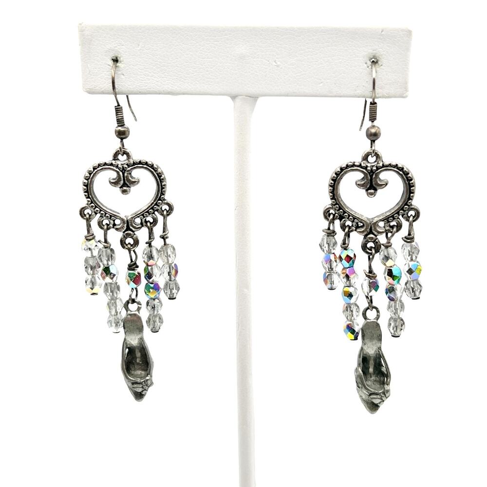 Chandelier Earrings Iridescent AB Beads Stiletto Shoe Silver Tone Vintage Style